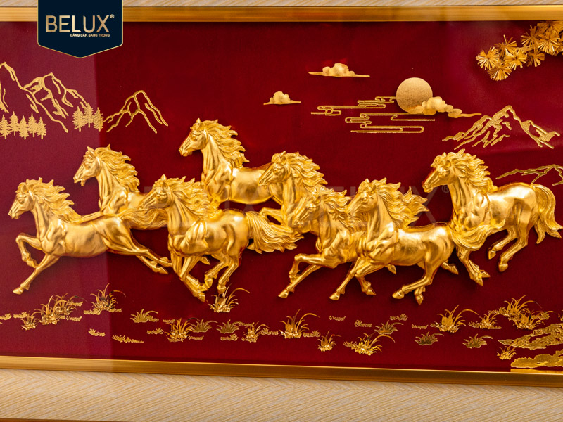 Tranh Ngựa Bát Mã Cát Tường dát vàng 24k 130x66cm